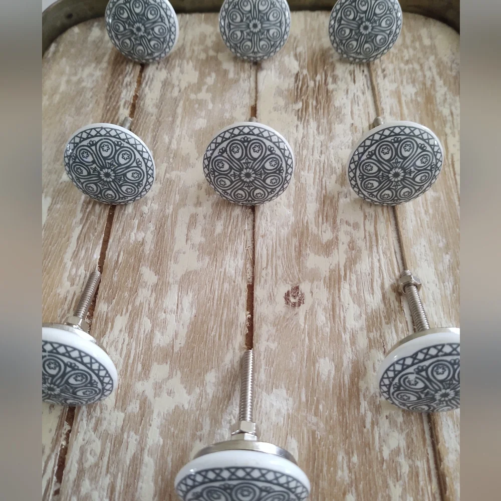 Mandala 🔘Knob Hardware Set ~ 11 Pc ~ Grey/Blue & White ⚪